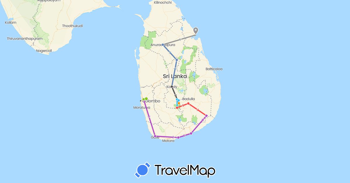 TravelMap itinerary: plane, cycling, train, hiking, boat, hitchhiking, motorbike, electric vehicle in Sri Lanka (Asia)